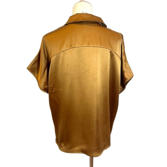Rachel Zoe Copper Brown Satin Blouse Button Front Short Sleeves XL - Picture 2 of 7
